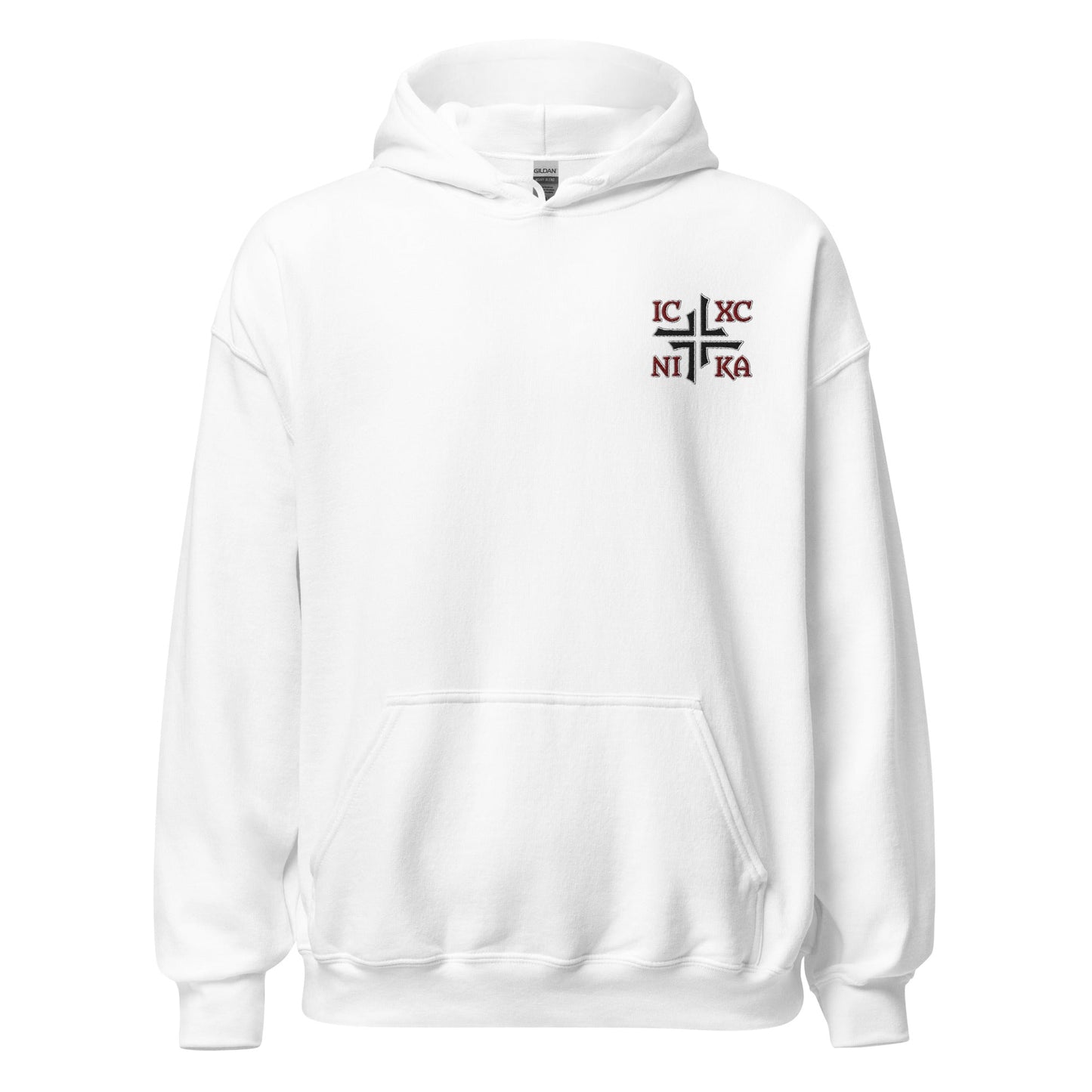 IC XC NIKA Jesus Christ Conquers Asymmetric Cross Emblem Embroidered Hoodie - Inken Image