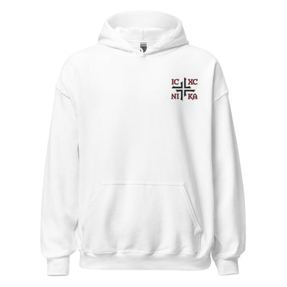 IC XC NIKA Jesus Christ Conquers Asymmetric Cross Emblem Embroidered Hoodie - Inken Image