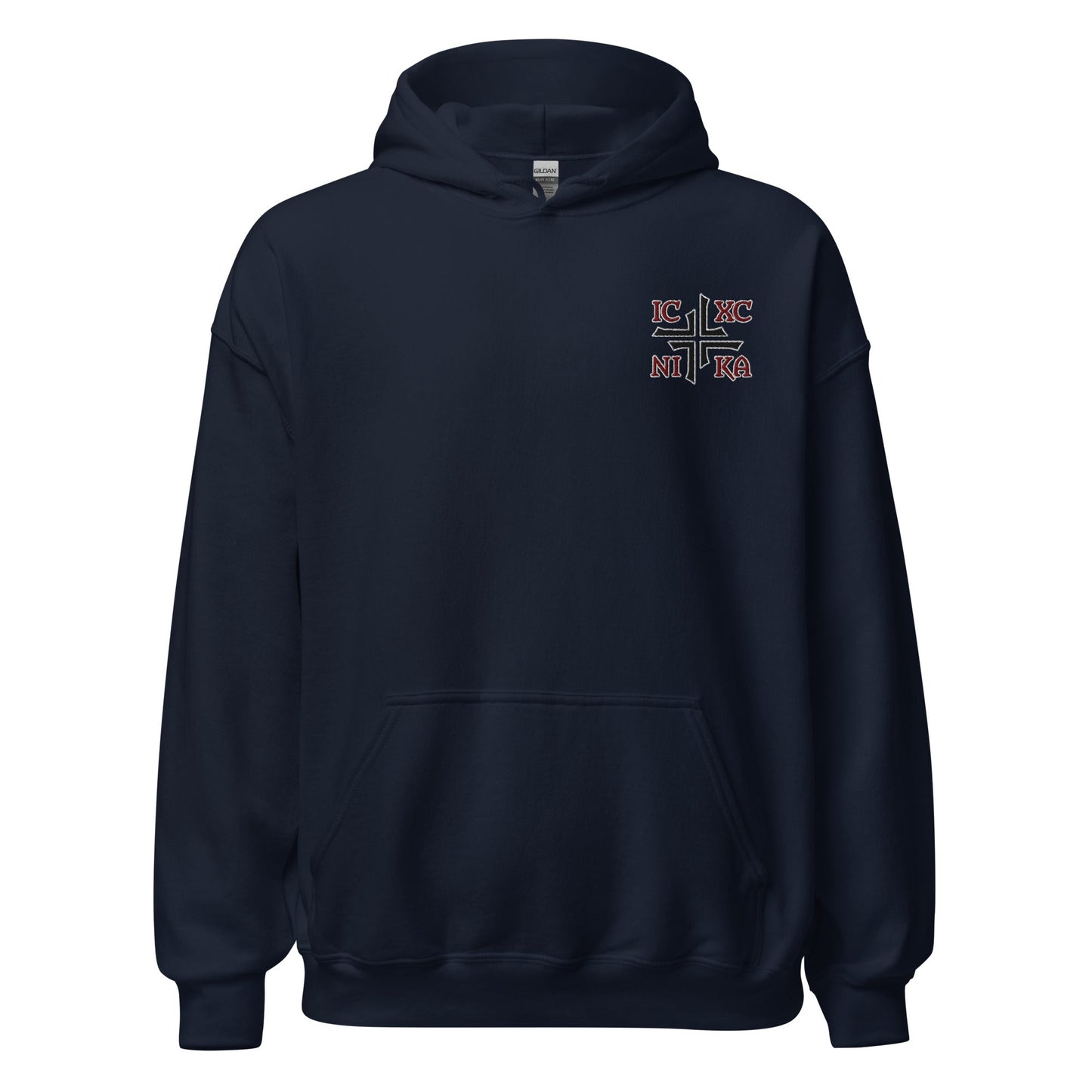 IC XC NIKA Jesus Christ Conquers Asymmetric Cross Emblem Embroidered Hoodie - Inken Image