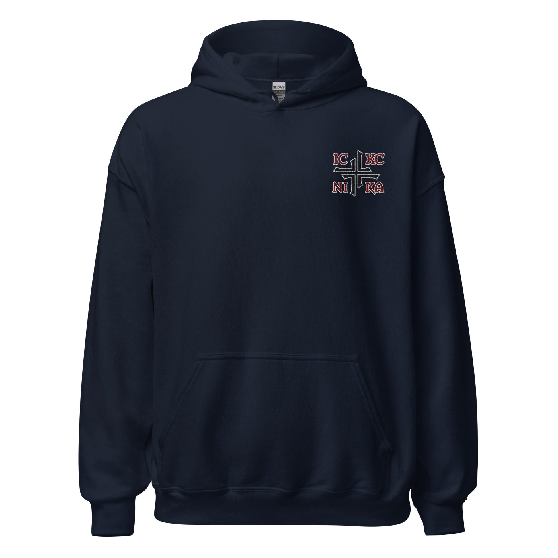 IC XC NIKA Jesus Christ Conquers Asymmetric Cross Emblem Embroidered Hoodie - Inken Image