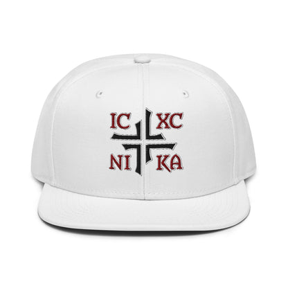 IC XC NIKA Jesus Christ Conquers Asymmetric Cross Emblem Embroidered Snapback - Inken Image