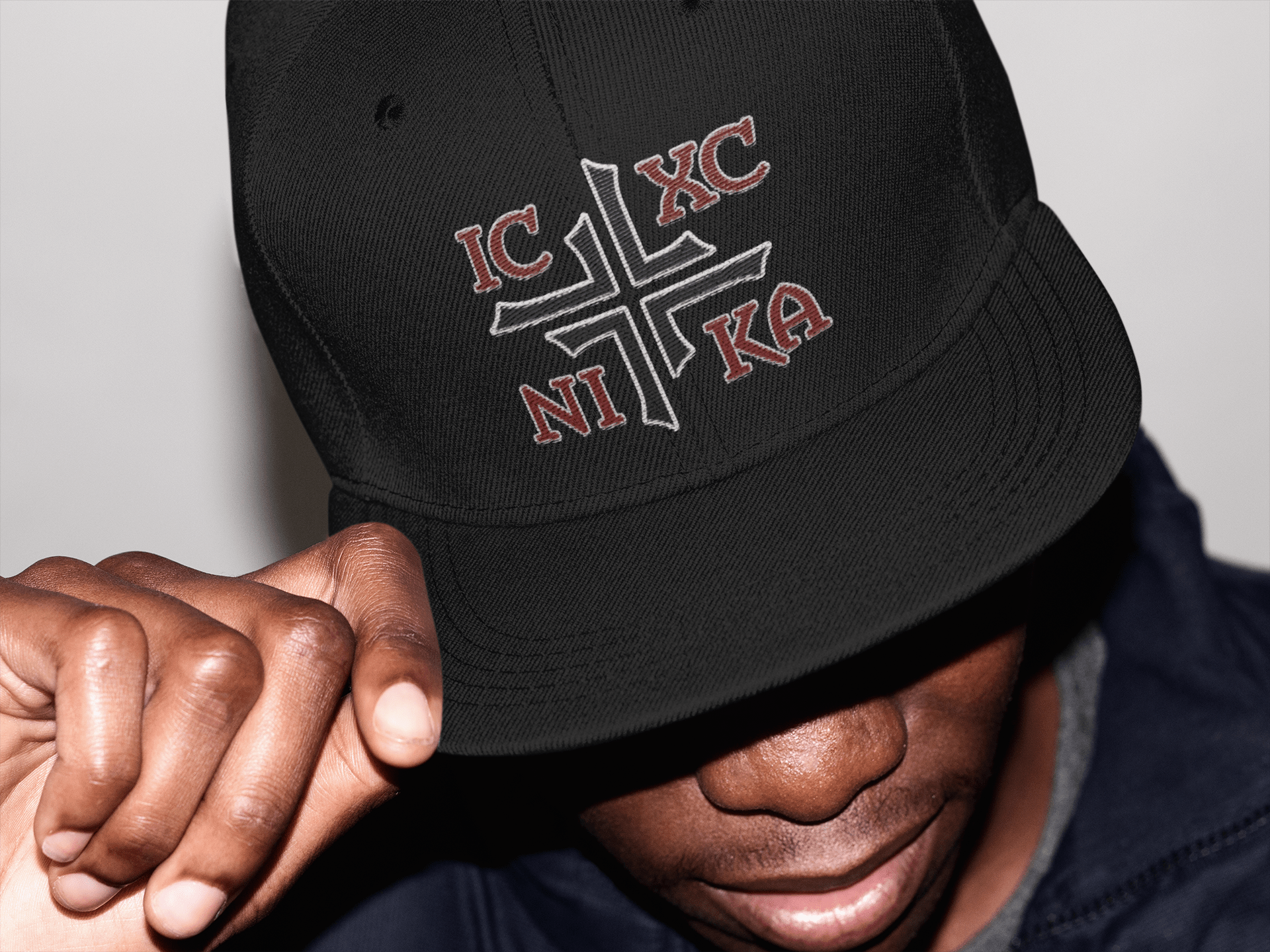 IC XC NIKA Jesus Christ Conquers Asymmetric Cross Emblem Embroidered Snapback - Inken Image