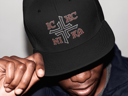 IC XC NIKA Jesus Christ Conquers Asymmetric Cross Emblem Embroidered Snapback - Inken Image