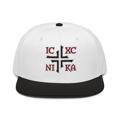 IC XC NIKA Jesus Christ Conquers Asymmetric Cross Emblem Embroidered Snapback - Inken Image