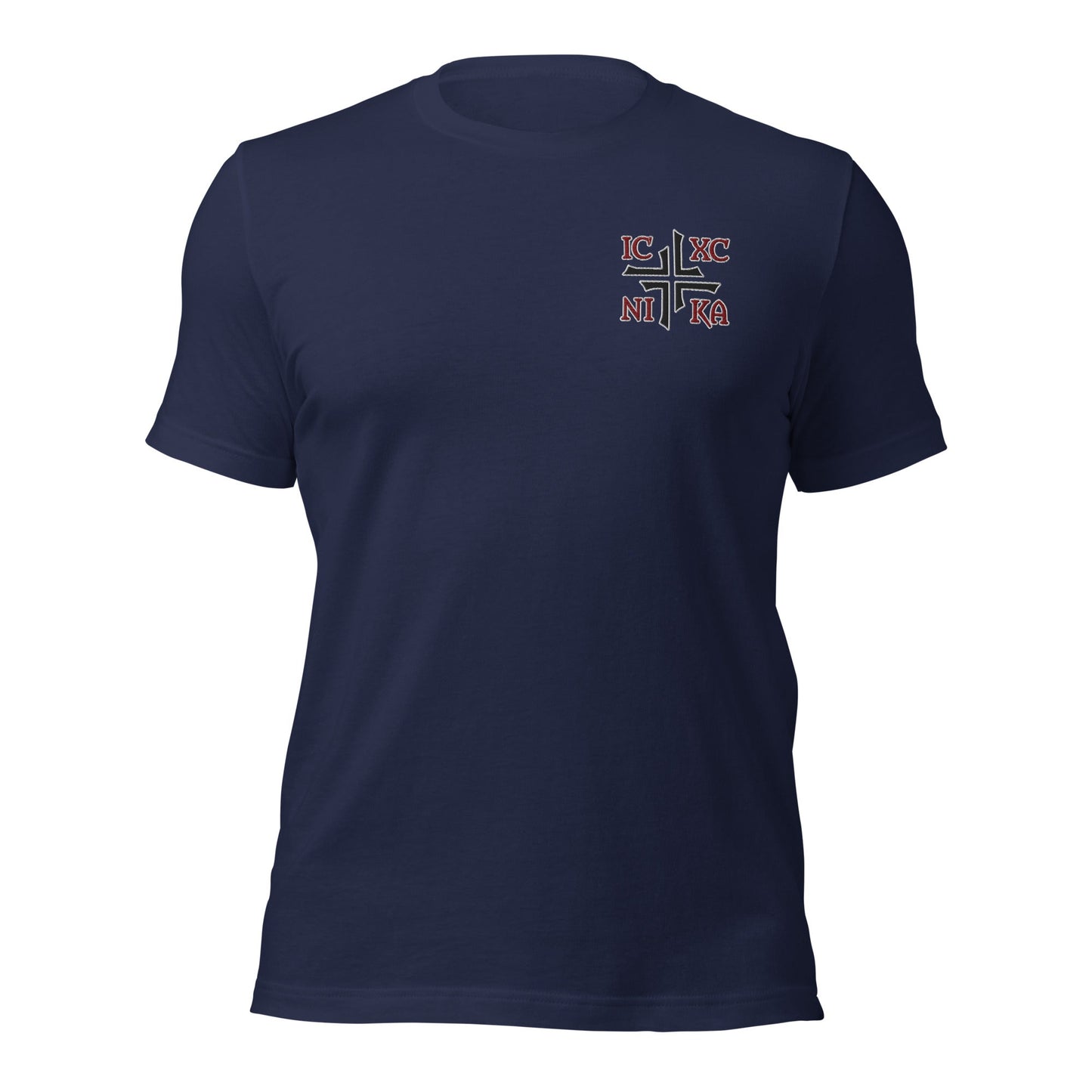 IC XC NIKA Jesus Christ Conquers Asymmetric Cross Emblem Embroidered T-Shirt - Inken Image