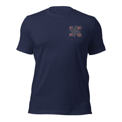 IC XC NIKA Jesus Christ Conquers Asymmetric Cross Emblem Embroidered T-Shirt - Inken Image