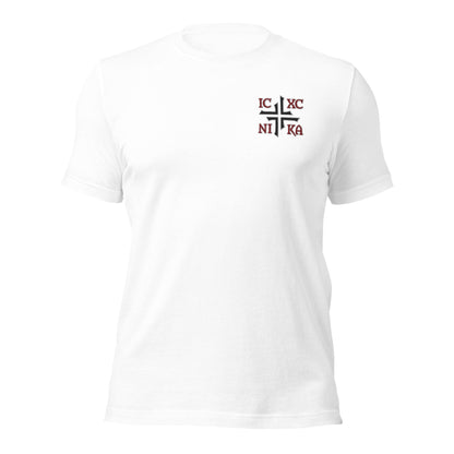 IC XC NIKA Jesus Christ Conquers Asymmetric Cross Emblem Embroidered T-Shirt - Inken Image