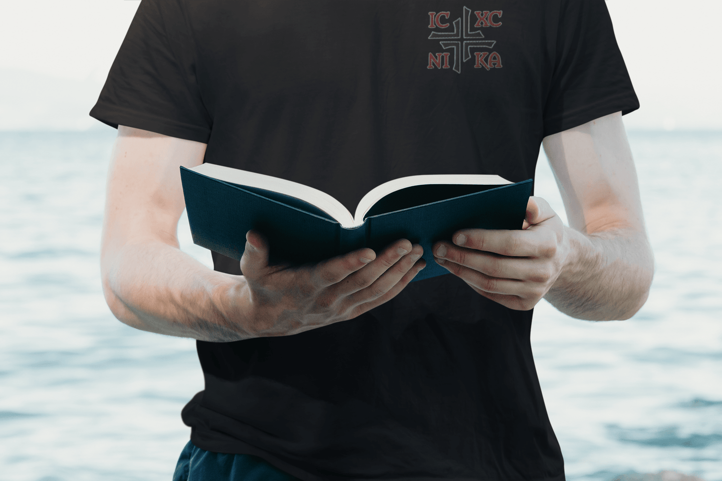 IC XC NIKA Jesus Christ Conquers Asymmetric Cross Emblem Embroidered T-Shirt - Inken Image