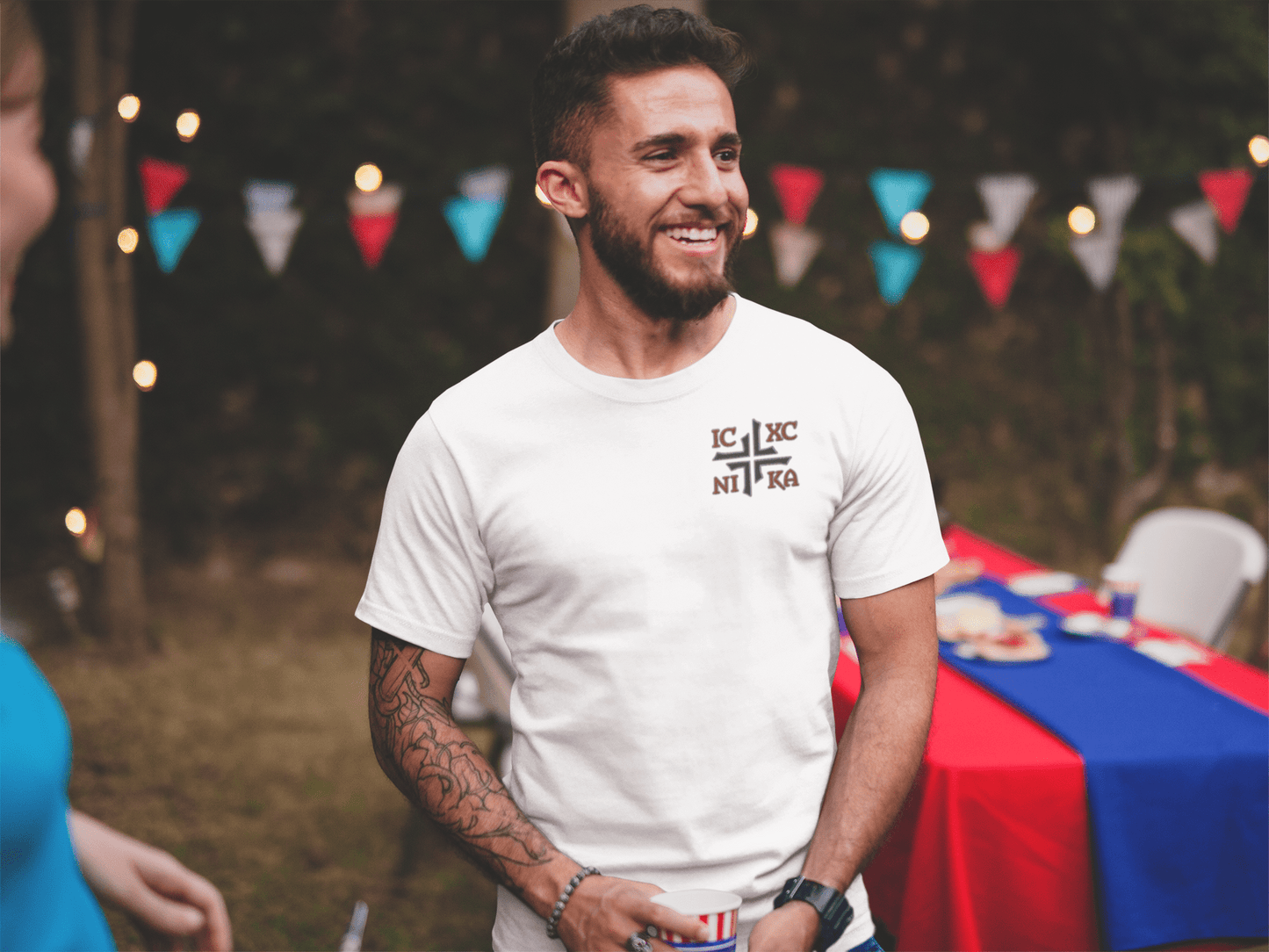 IC XC NIKA Jesus Christ Conquers Asymmetric Cross Emblem Embroidered T-Shirt - Inken Image