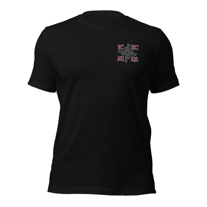 IC XC NIKA Jesus Christ Conquers Asymmetric Cross Emblem Embroidered T-Shirt - Inken Image