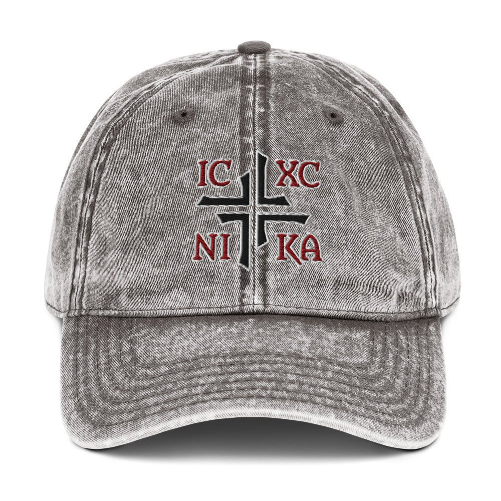 IC XC NIKA Jesus Christ Conquers Asymmetric Cross Emblem Embroidered Vintage Cotton Twill Cap - Inken Image