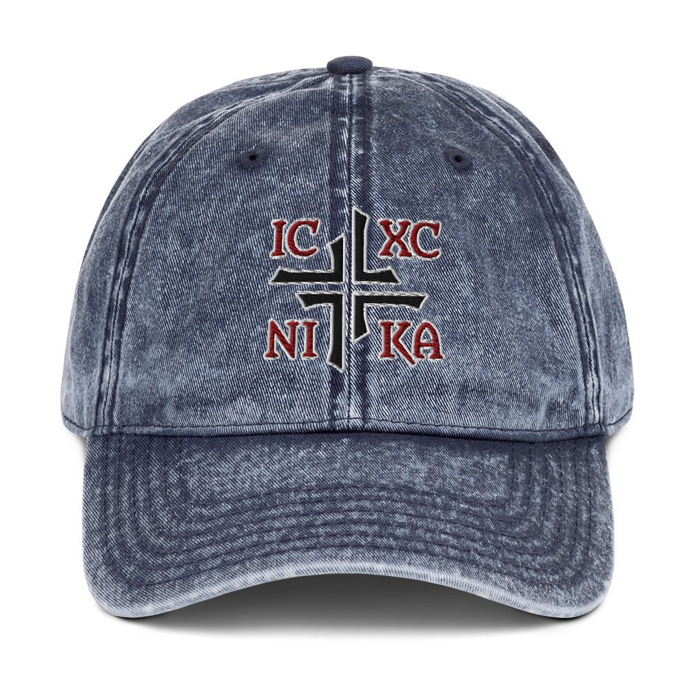 IC XC NIKA Jesus Christ Conquers Asymmetric Cross Emblem Embroidered Vintage Cotton Twill Cap - Inken Image