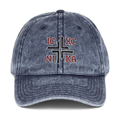 IC XC NIKA Jesus Christ Conquers Asymmetric Cross Emblem Embroidered Vintage Cotton Twill Cap - Inken Image