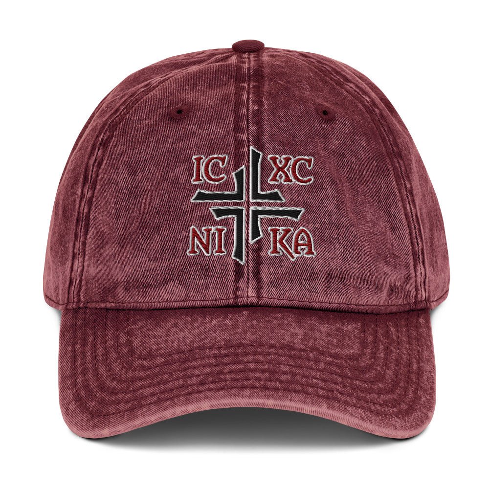 IC XC NIKA Jesus Christ Conquers Asymmetric Cross Emblem Embroidered Vintage Cotton Twill Cap - Inken Image