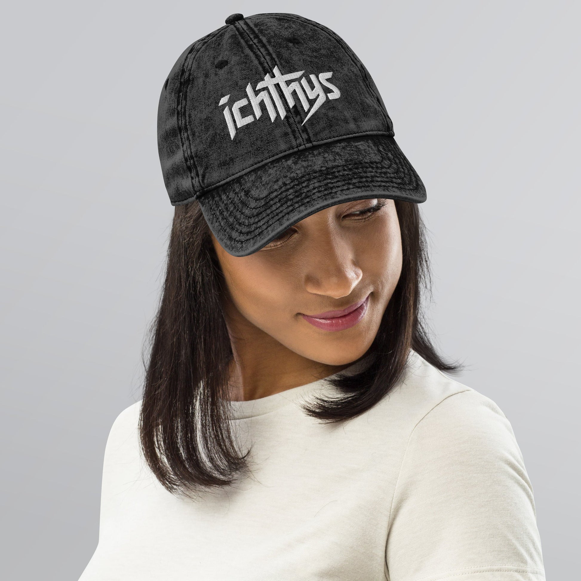 Ichthys, Jesus Fish, 3D Puff Embroidery Vintage Cotton Twill Cap - Inken Image