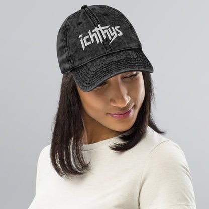 Ichthys, Jesus Fish, 3D Puff Embroidery Vintage Cotton Twill Cap - Inken Image