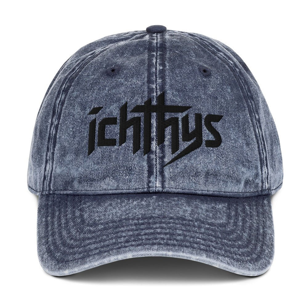 Ichthys, Jesus Fish, 3D Puff Embroidery Vintage Cotton Twill Cap - Inken Image