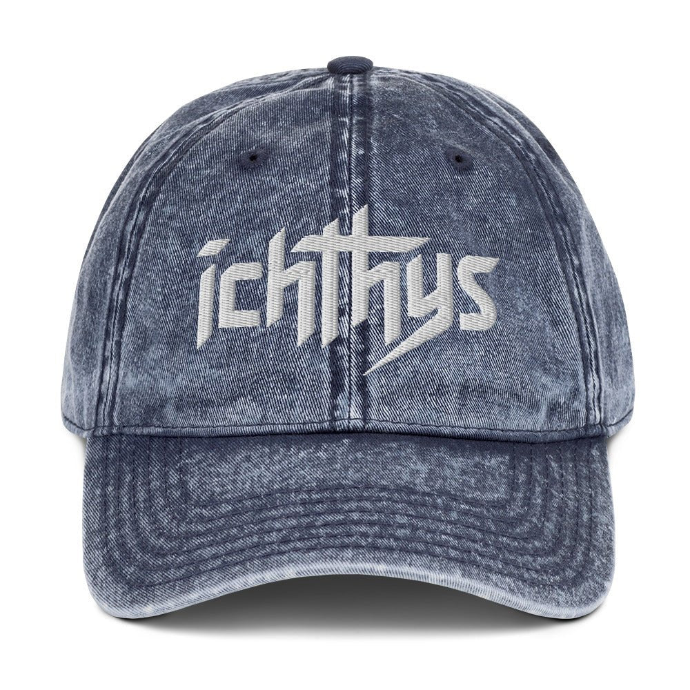 Ichthys, Jesus Fish, 3D Puff Embroidery Vintage Cotton Twill Cap - Inken Image