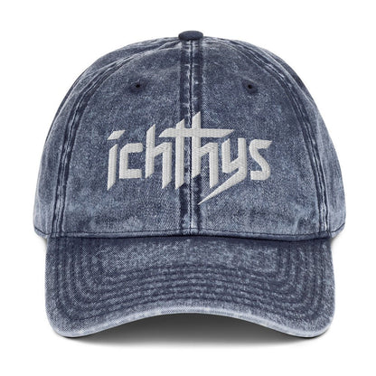 Ichthys, Jesus Fish, 3D Puff Embroidery Vintage Cotton Twill Cap - Inken Image