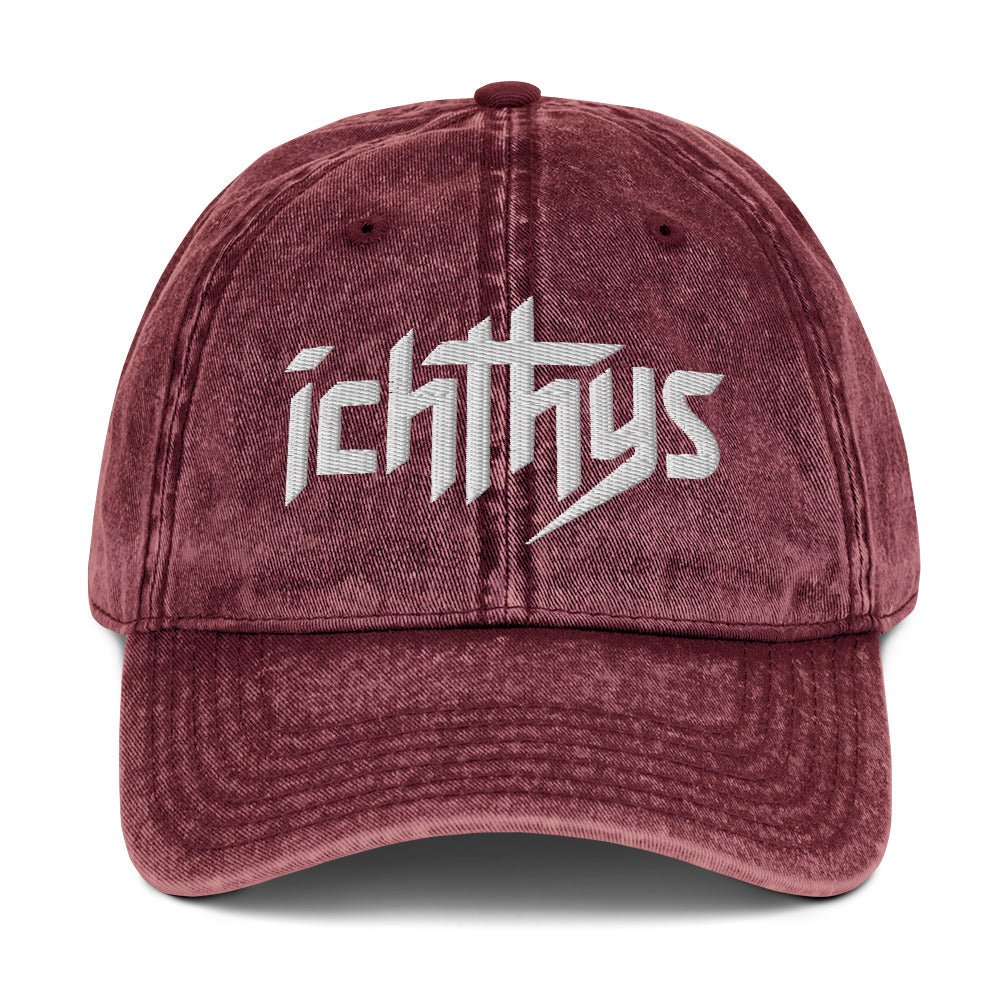 Ichthys, Jesus Fish, 3D Puff Embroidery Vintage Cotton Twill Cap - Inken Image