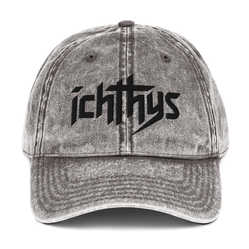 Ichthys, Jesus Fish, 3D Puff Embroidery Vintage Cotton Twill Cap - Inken Image