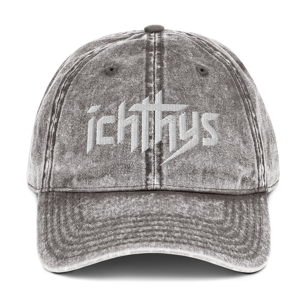 Ichthys, Jesus Fish, 3D Puff Embroidery Vintage Cotton Twill Cap - Inken Image
