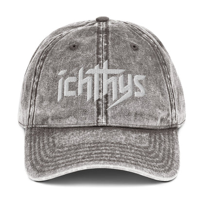 Ichthys, Jesus Fish, 3D Puff Embroidery Vintage Cotton Twill Cap - Inken Image