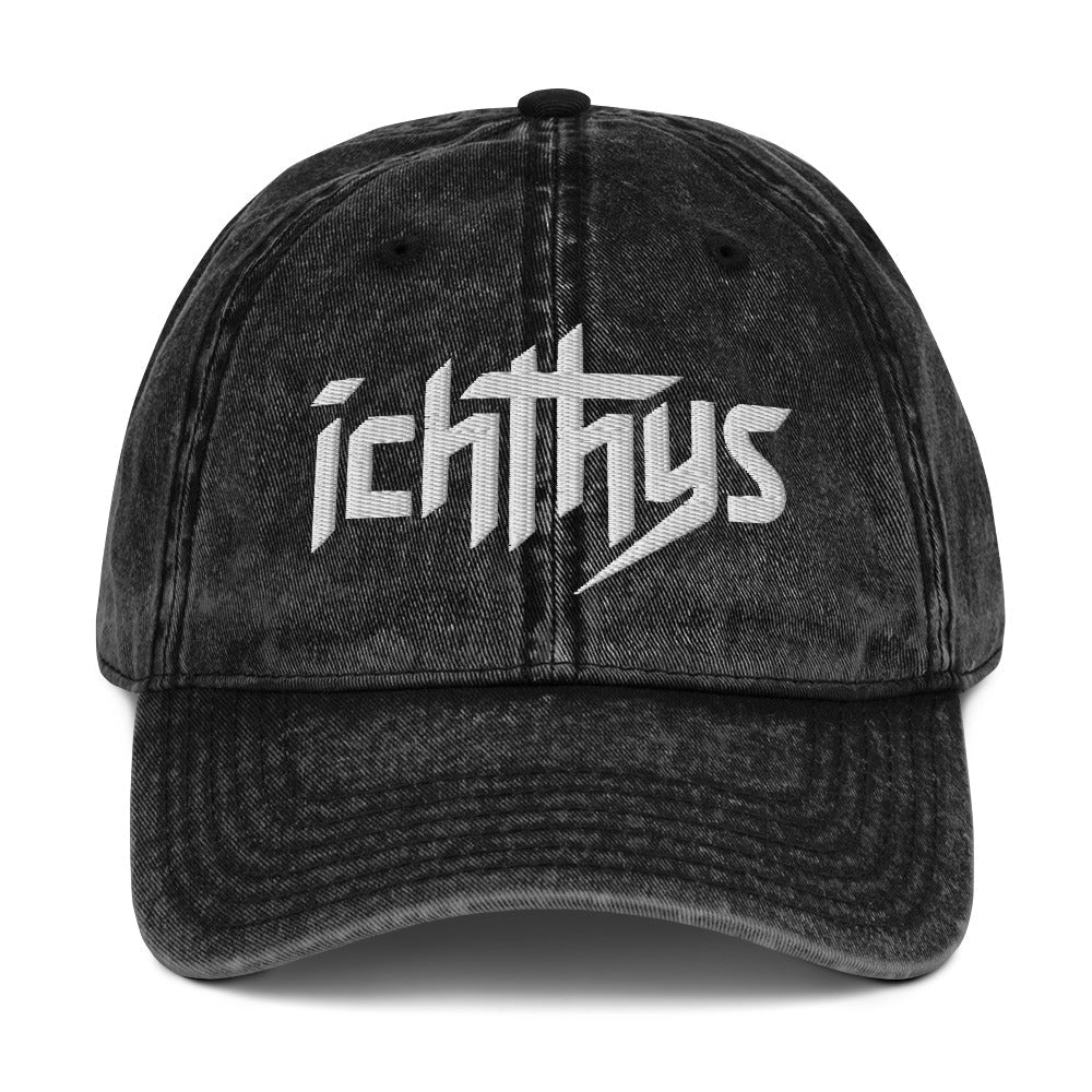Ichthys, Jesus Fish, 3D Puff Embroidery Vintage Cotton Twill Cap - Inken Image
