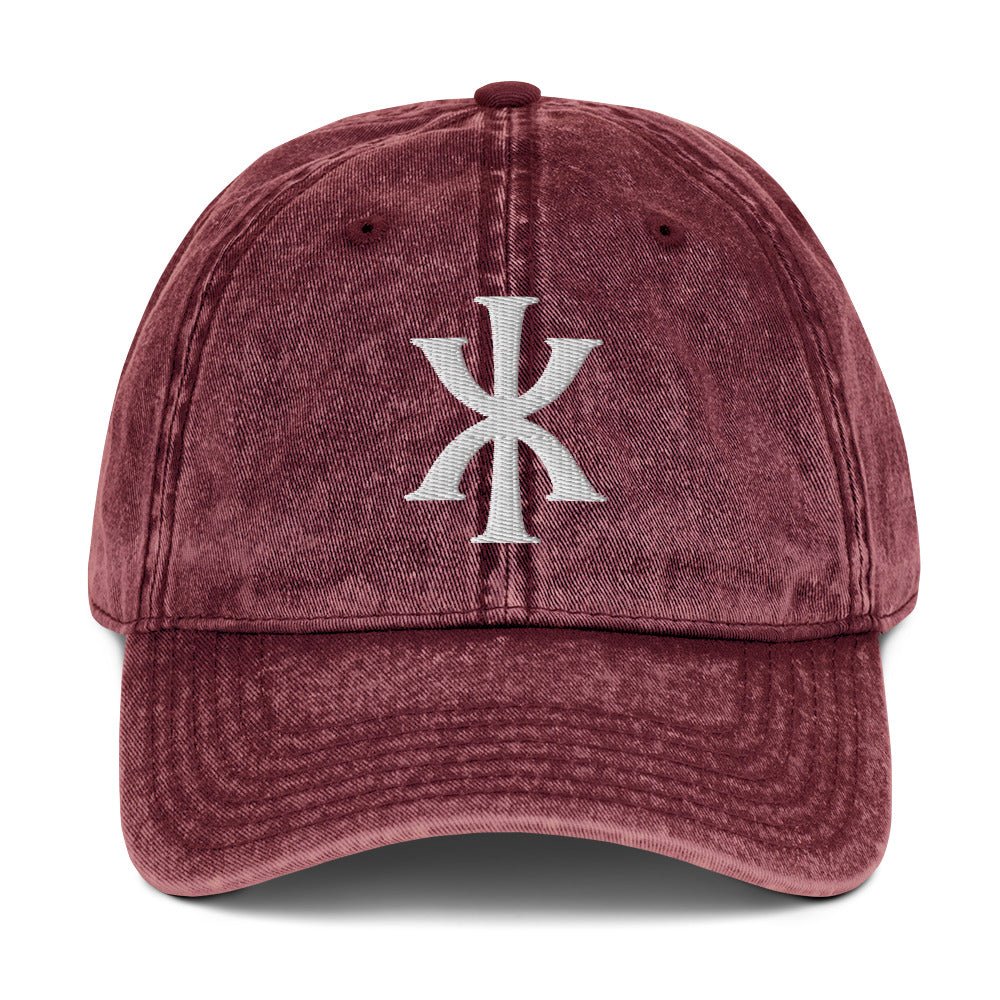 IX "Jesus Christ" Greek Christogram, Christian Vintage Twill Cap Hat 3D Puff Embroidery - Inken Image