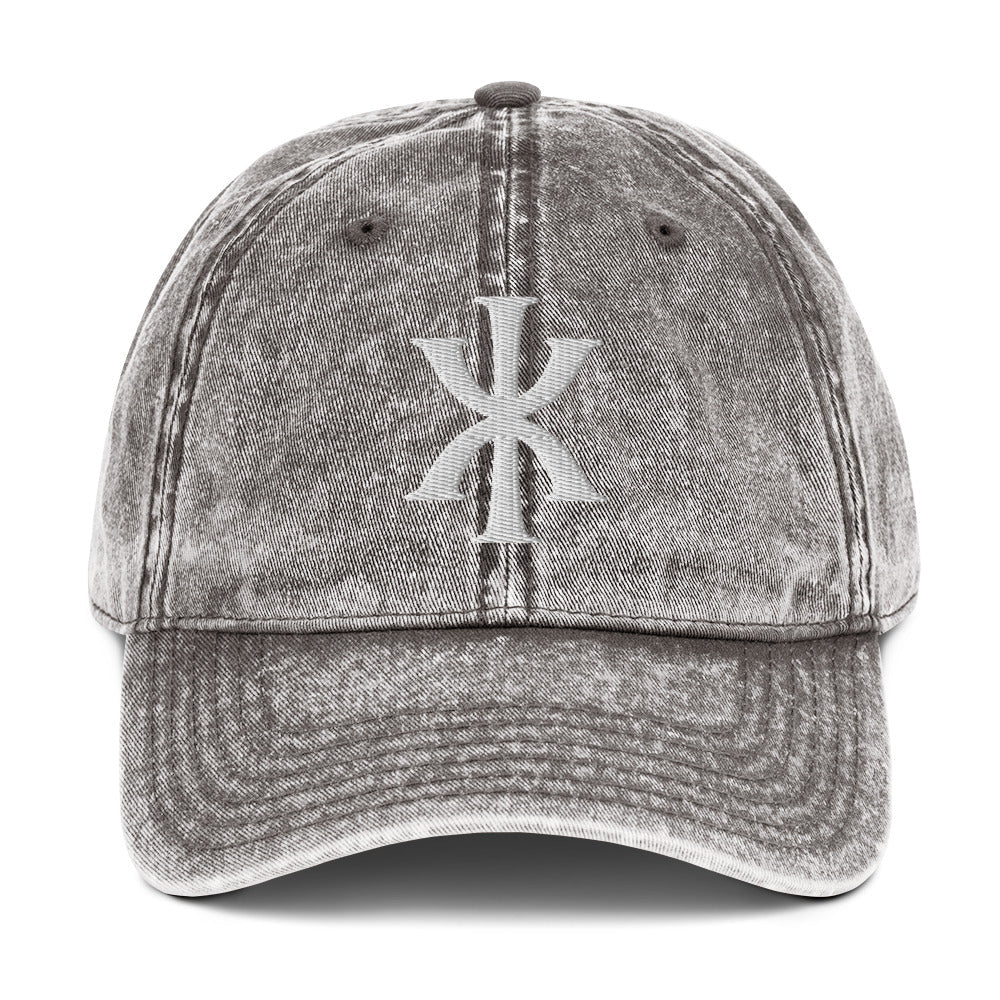 IX "Jesus Christ" Greek Christogram, Christian Vintage Twill Cap Hat 3D Puff Embroidery - Inken Image