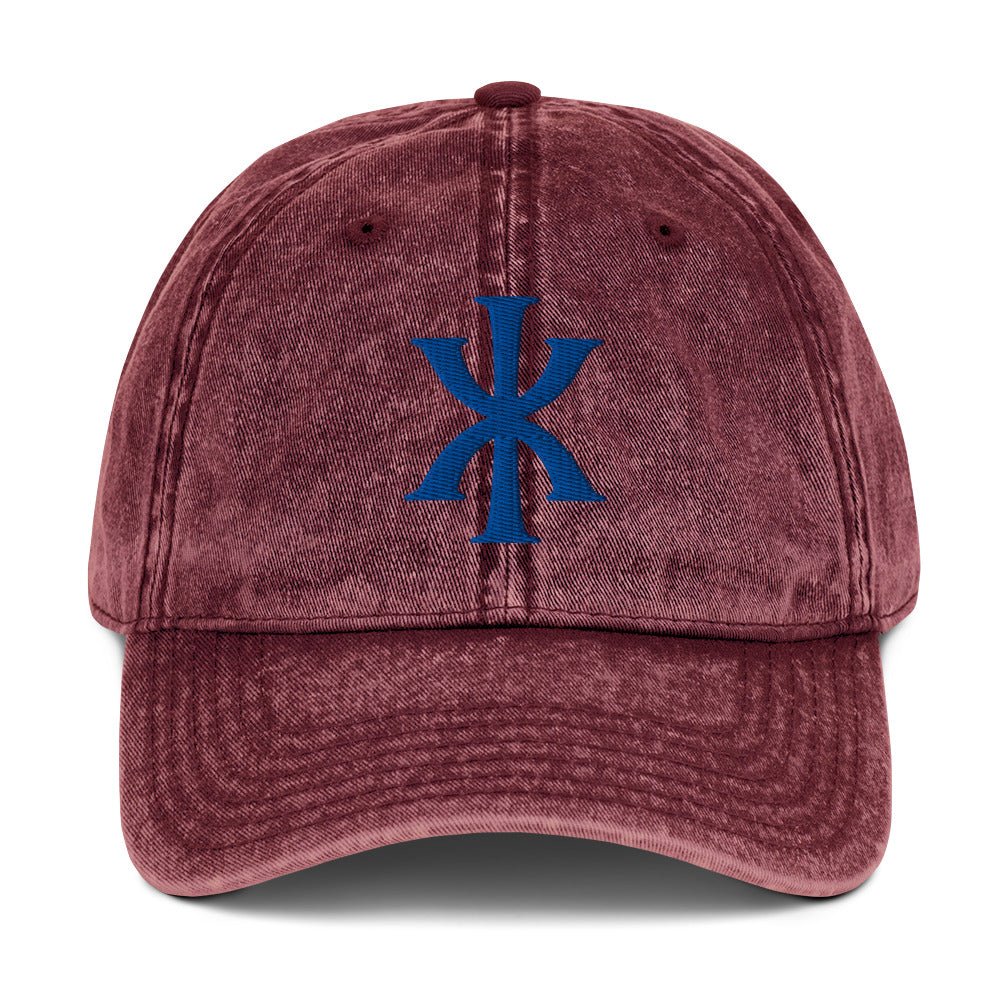 IX "Jesus Christ" Greek Christogram, Christian Vintage Twill Cap Hat 3D Puff Embroidery - Inken Image