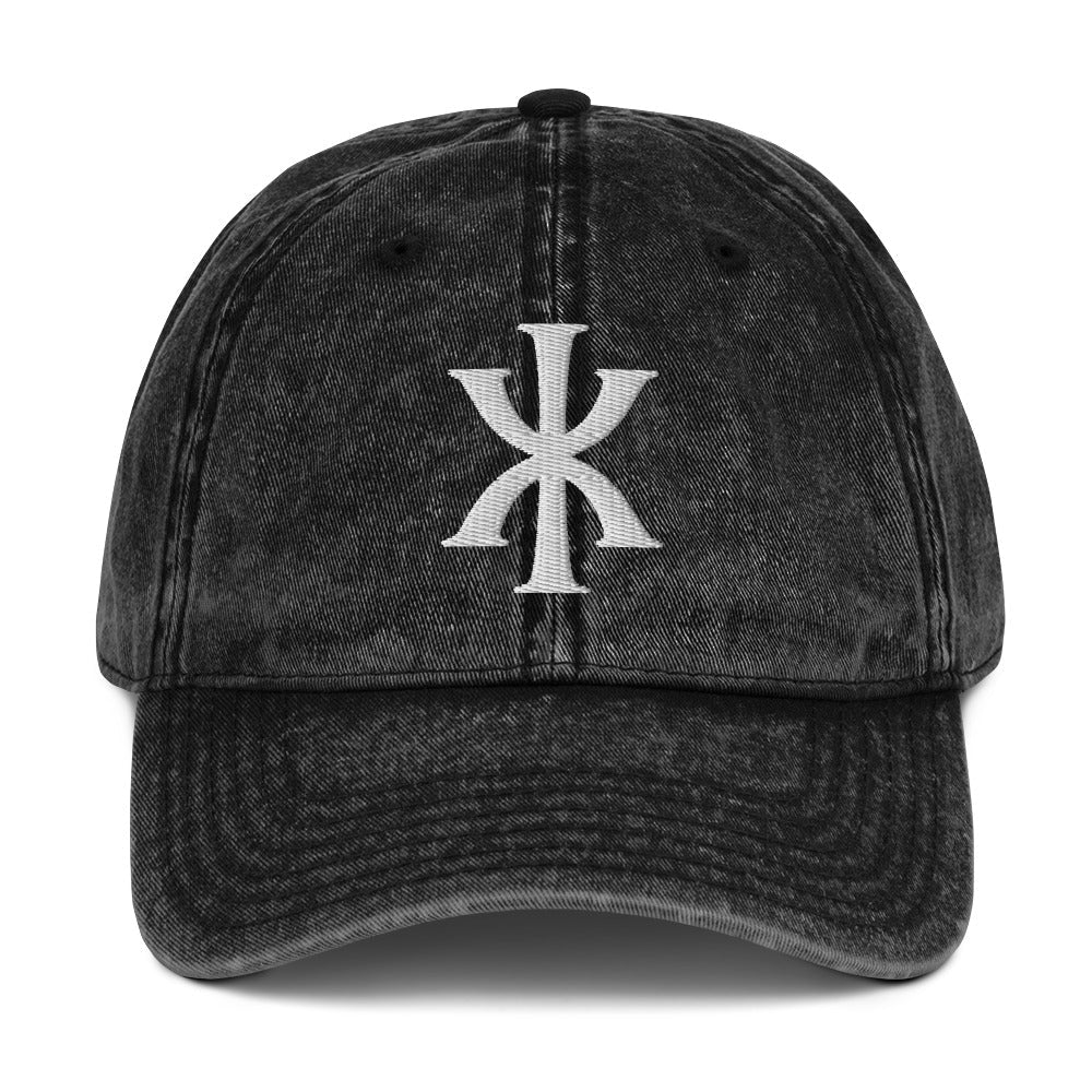 IX "Jesus Christ" Greek Christogram, Christian Vintage Twill Cap Hat 3D Puff Embroidery - Inken Image
