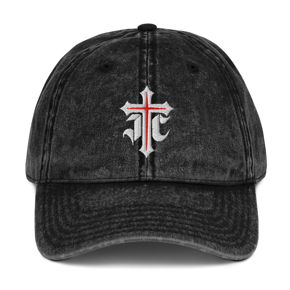 JC Gothic Cross, Flat Embroidered Christian Vintage Cotton Twill Cap - Inken Image