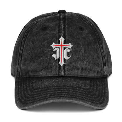 JC Gothic Cross, Flat Embroidered Christian Vintage Cotton Twill Cap - Inken Image