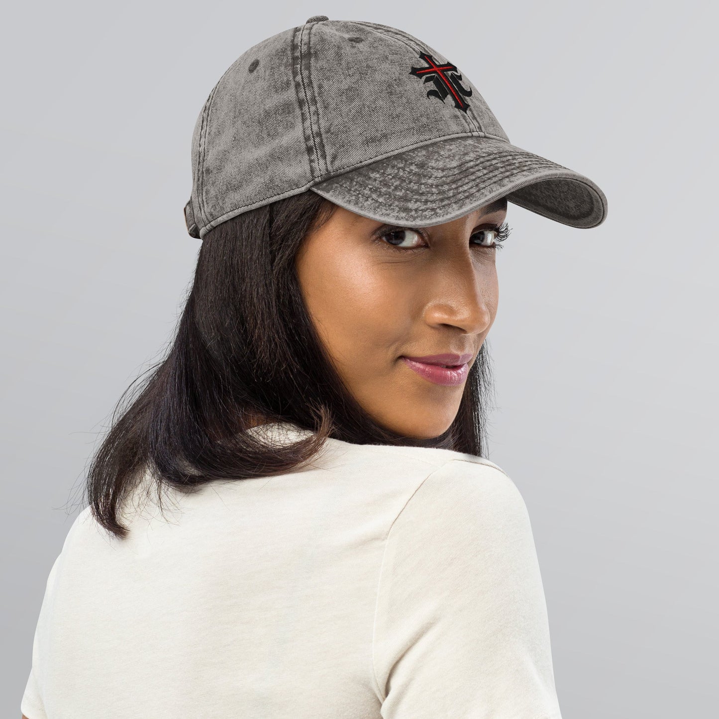 JC Gothic Cross, Flat Embroidered Christian Vintage Cotton Twill Cap - Inken Image