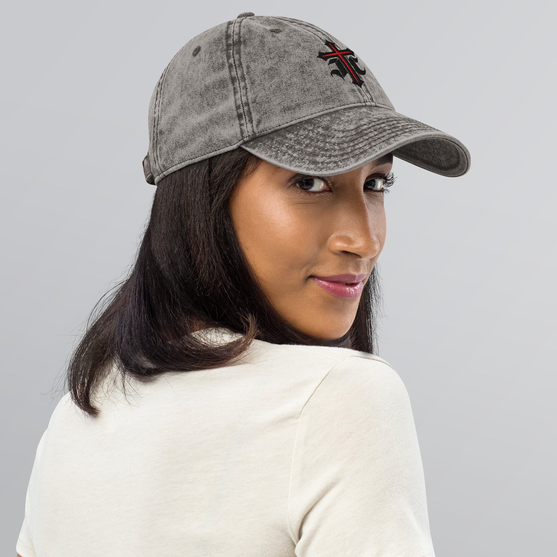 JC Gothic Cross, Flat Embroidered Christian Vintage Cotton Twill Cap - Inken Image