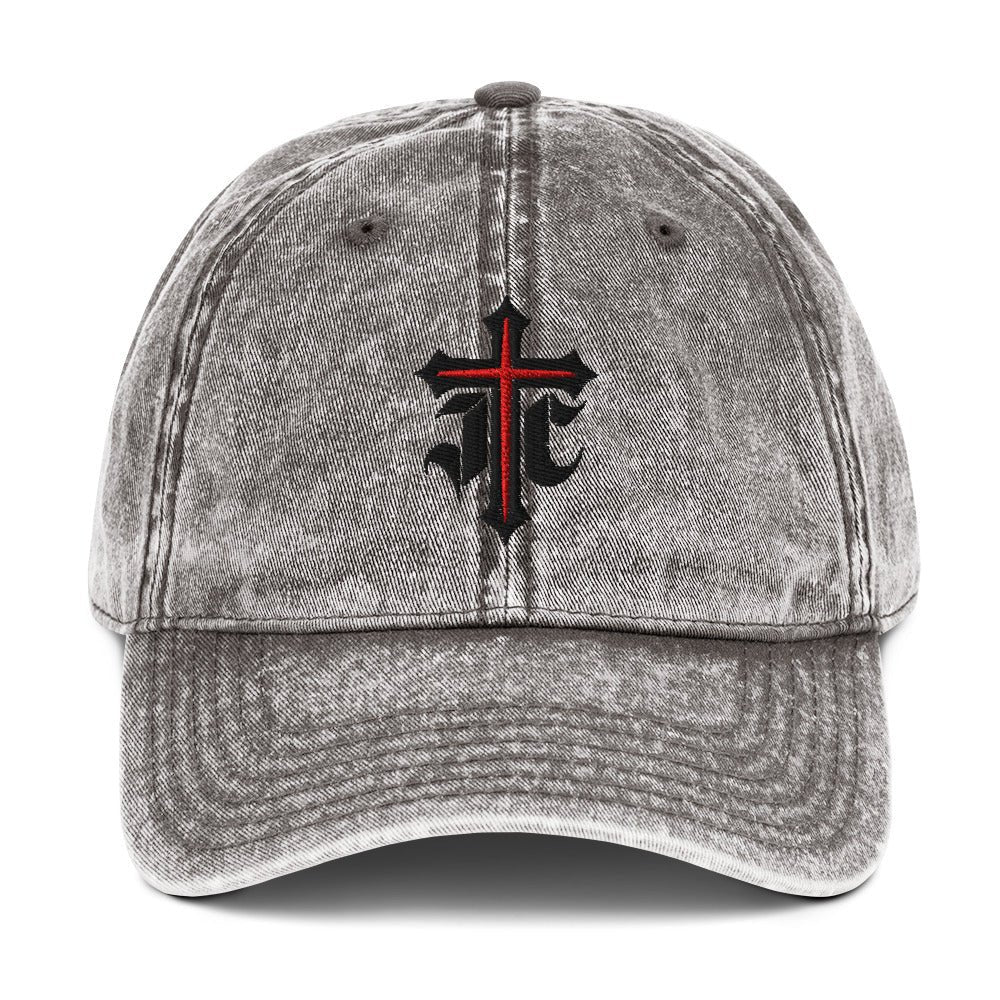 JC Gothic Cross, Flat Embroidered Christian Vintage Cotton Twill Cap - Inken Image