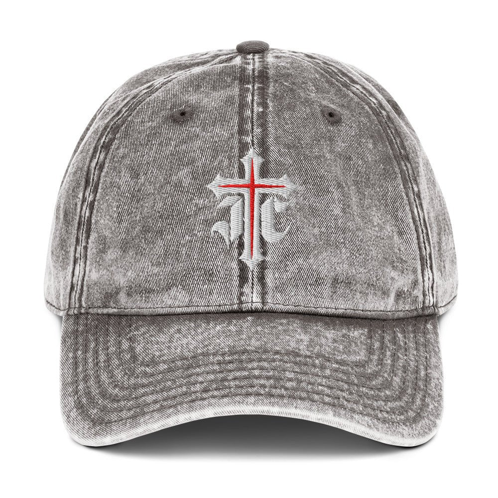 JC Gothic Cross, Flat Embroidered Christian Vintage Cotton Twill Cap - Inken Image