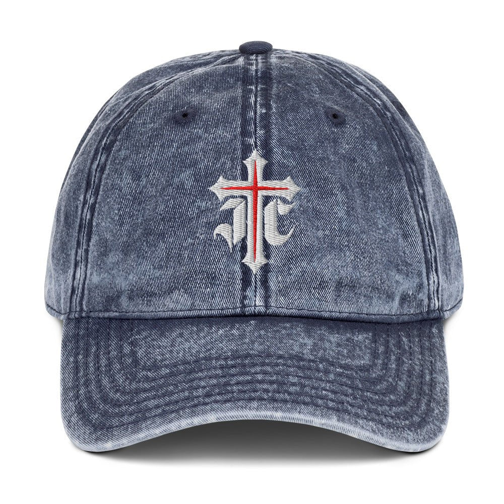 JC Gothic Cross, Flat Embroidered Christian Vintage Cotton Twill Cap - Inken Image