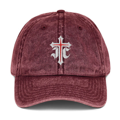 JC Gothic Cross, Flat Embroidered Christian Vintage Cotton Twill Cap - Inken Image