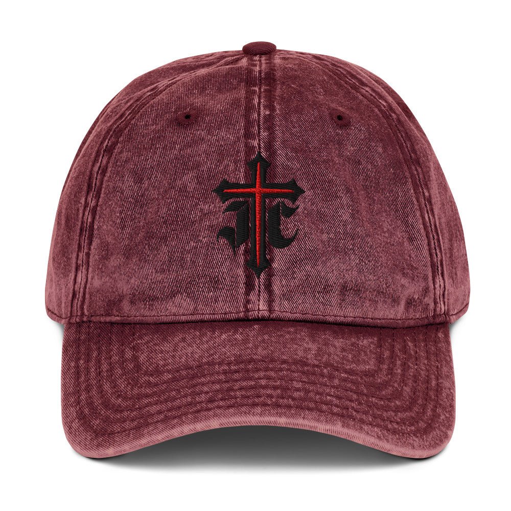 JC Gothic Cross, Flat Embroidered Christian Vintage Cotton Twill Cap - Inken Image