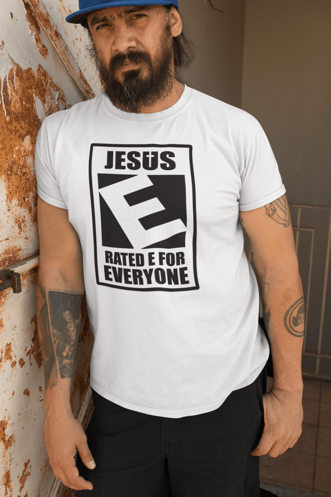 Jesus Rated E For Everyone Warning Label T-Shirt - Inken Image