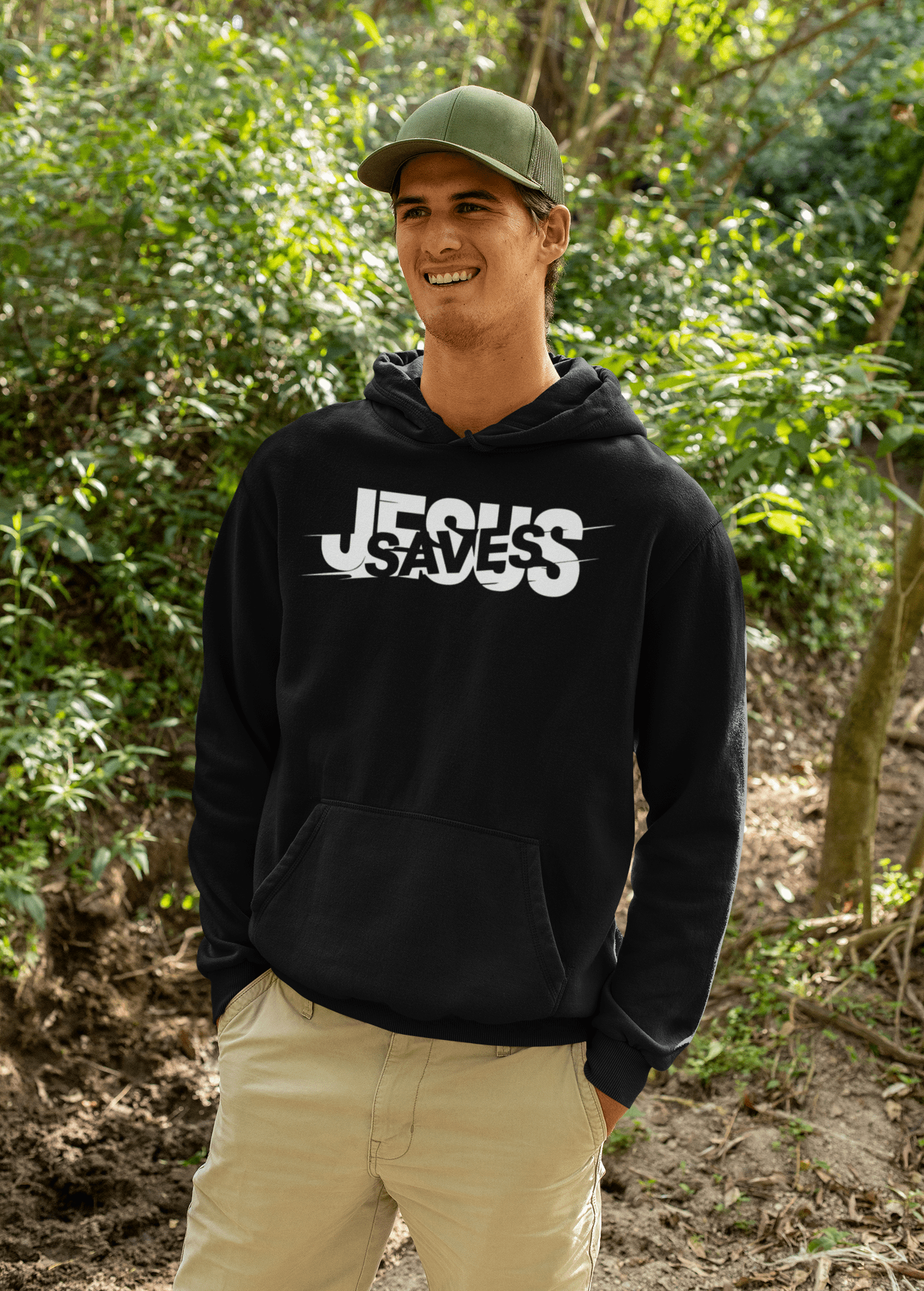 Jesus Saves Glitched Typography Flat Embroidered Hoodie - Inken Image