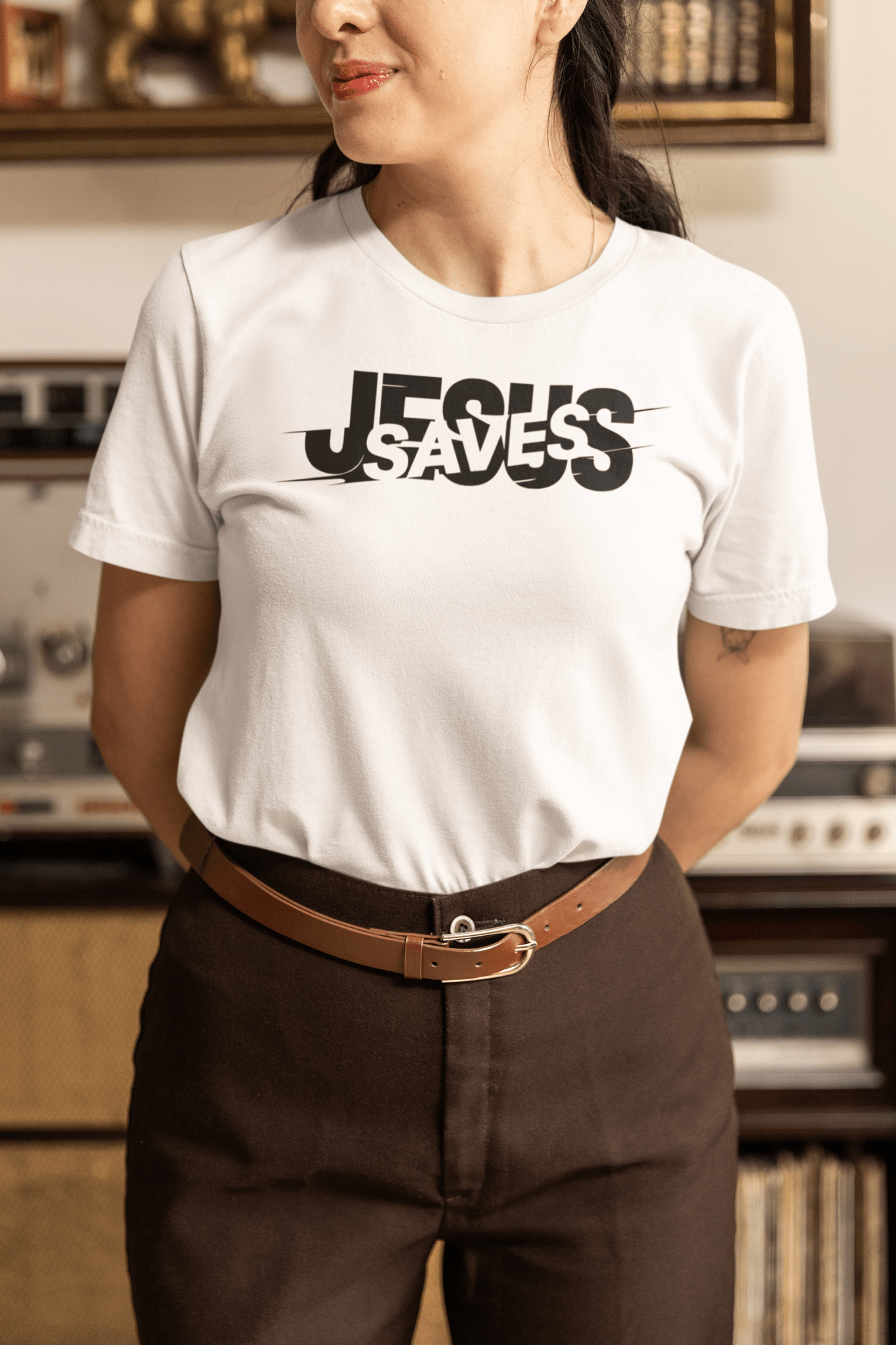 Jesus Saves Glitched Typography Flat Embroidered T-Shirt - Inken Image