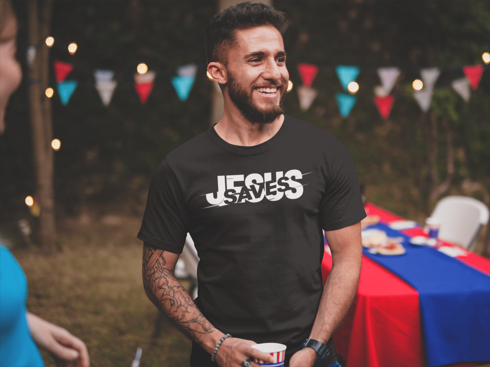 Jesus Saves Glitched Typography Flat Embroidered T-Shirt - Inken Image