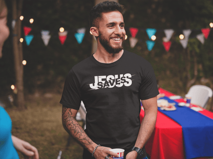 Jesus Saves Glitched Typography Flat Embroidered T-Shirt - Inken Image