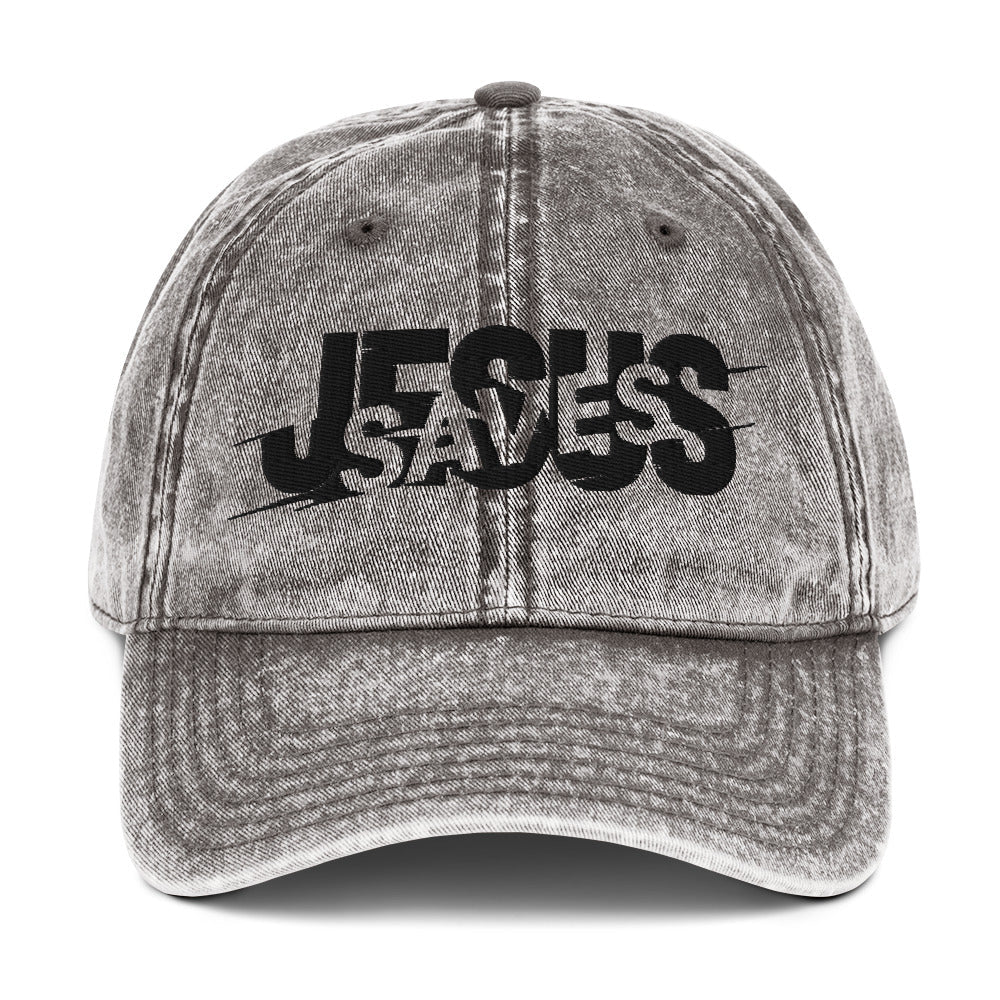 Jesus Saves Glitched Typography Flat Embroidered Vintage Cotton Twill Cap - Inken Image