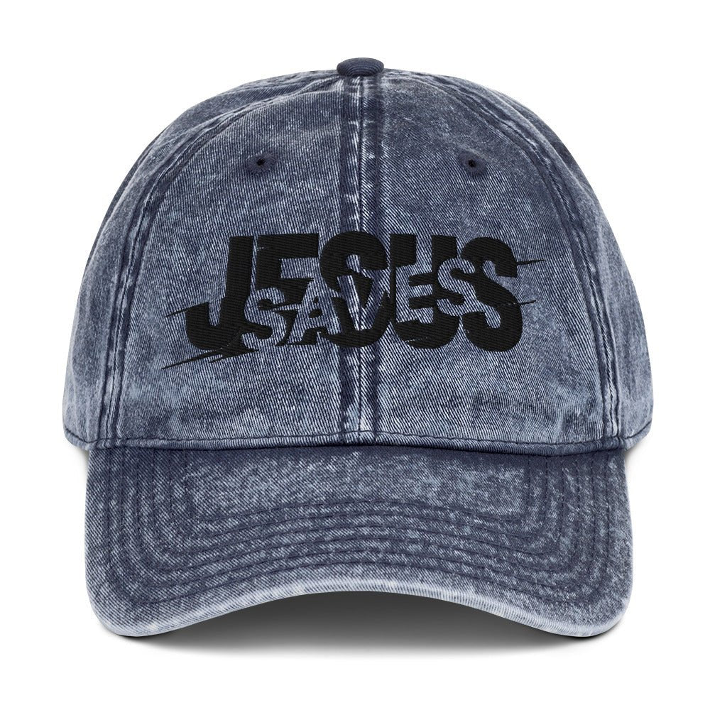 Jesus Saves Glitched Typography Flat Embroidered Vintage Cotton Twill Cap - Inken Image