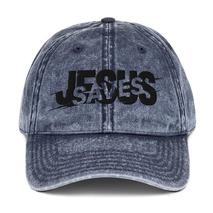 Jesus Saves Glitched Typography Flat Embroidered Vintage Cotton Twill Cap - Inken Image