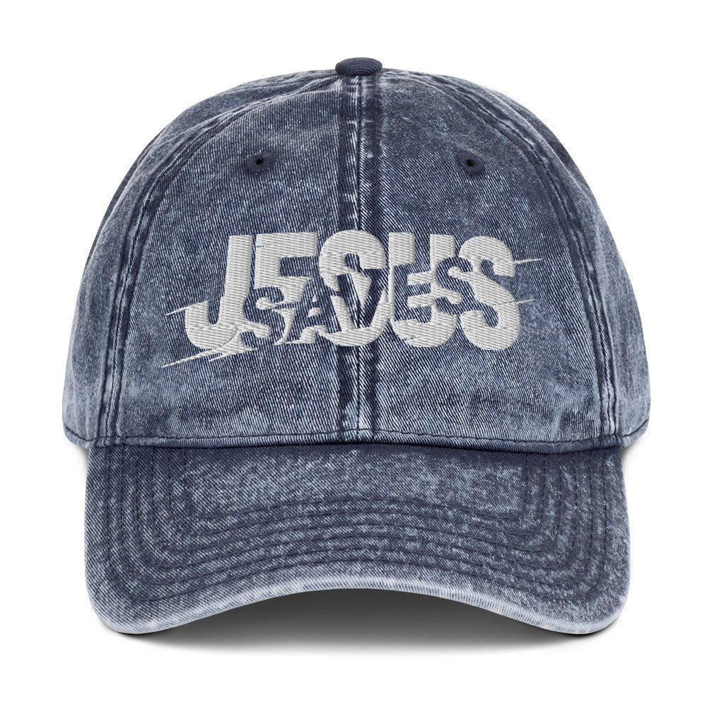 Jesus Saves Glitched Typography Flat Embroidered Vintage Cotton Twill Cap - Inken Image